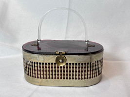 1950&#39;s PAMART Tortoise Shell Lucite Purse Brass Sides Box Style Ladies H... - £55.35 GBP