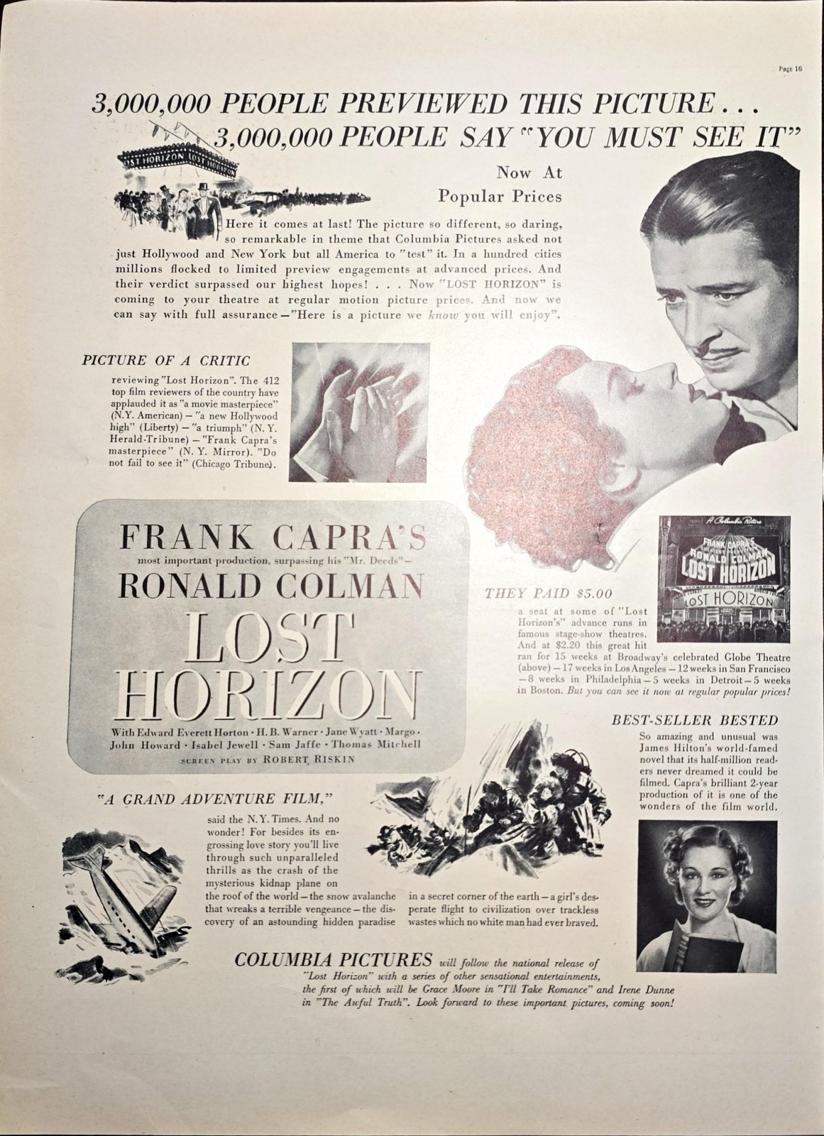 Lost Horizon Frank Capra&#39;s Ronald Colman Columbia Pictures-1937 Vintage ... - $12.04
