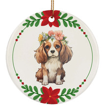 Cute Cavalier King Puppy Dog Flower Wreath Christmas Ornament Ceramic Gift Decor - £11.83 GBP