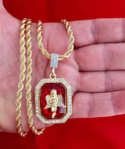 Hip Hop Iced CZ 14K Gold Plated Red Ruby Angel Wings Pendant Chain Neckl... - $8.90