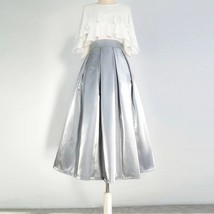 Sliver Satin Pleated Midi Skirt Outfit Women Plus Size Pleated Midi Party Skirt image 1