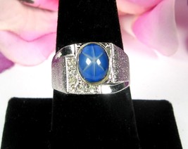 Vintage BLUE Imitation SAPPHIRE STAR OVAL RING Man&#39;s RHINESTONES 18KT EP... - $25.73