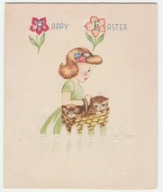 Vintage Easter Card Girl Basket of Kittens Flowers 1950&#39;s - $8.90