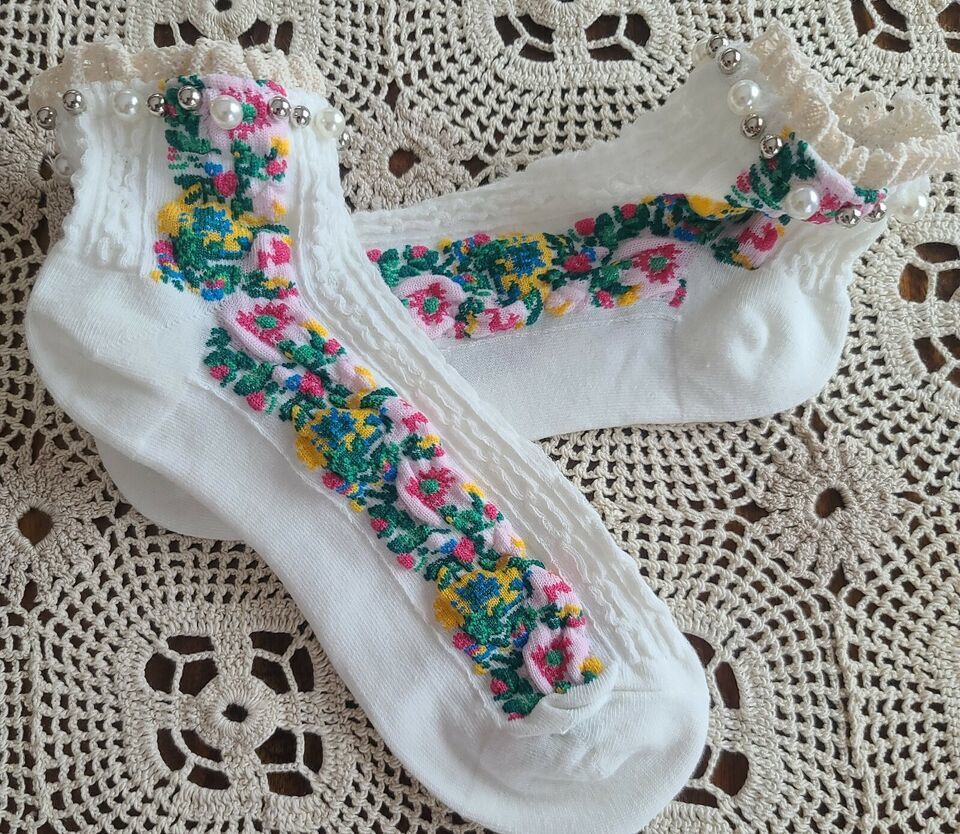 Handcrafted White in Color ~ Embellished w/Pearls ~ Lace ~ Floral ~ Ankl... - $14.96