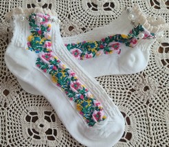 Handcrafted White in Color ~ Embellished w/Pearls ~ Lace ~ Floral ~ Ankle Socks - £11.69 GBP