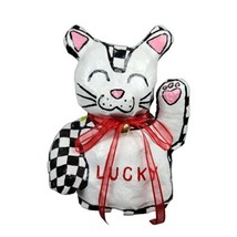 Folk Art Lucky Cat Handmade Paper Mache Checkerboard Kitty Kitten Waving 8&quot; Pink - £30.03 GBP