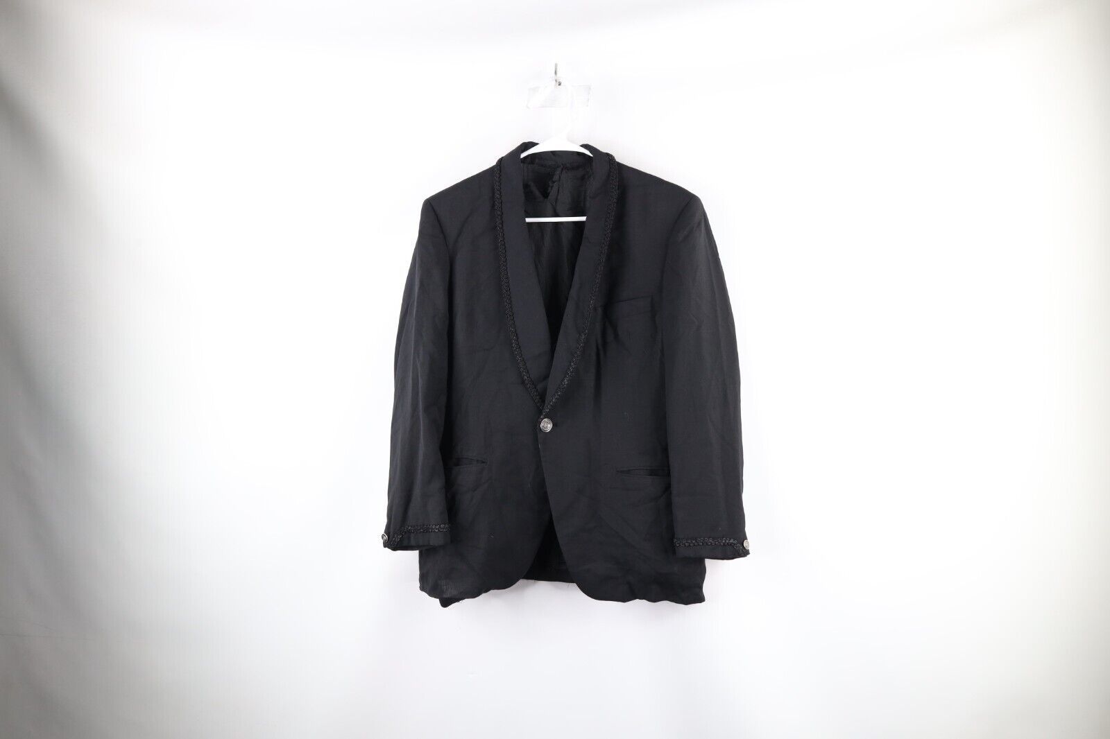 Vtg 40s 50s Mens 38R Distressed Bespoke Wool One Button Suit Jacket Blac... - £104.22 GBP