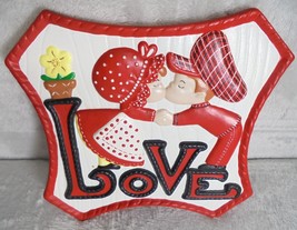 Vintage Lefton LOVE Wall Plaque Ceramic Bisque Kissing Girl Boy Japan 80s Boho - $17.70