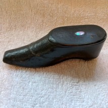 Snuff box shoe black lacquer paper mache hinged lid vintage inset stone - $95.00