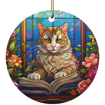 Funny Cat Book Stained Glass Flower Wreath Colors Ornament Christmas Gift Decor - £11.82 GBP