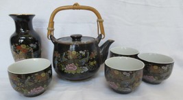 Vtg MCI Japan Teapot Set 4Tea cups Vase 6 pcs Black Gold Peacocks - £58.97 GBP