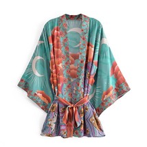 Boho Robes Moon Print Short Open Stitch Cover Ups Rayon Cotton Kimonos Blusas Bo - £64.70 GBP