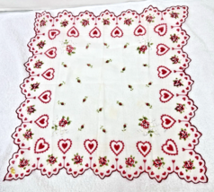 Vintage Cotton Hankie Valentines Day Red Roses Hearts White Lily of Vall... - $10.40