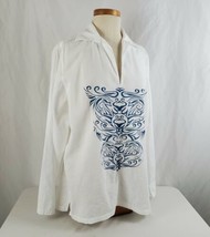 Kenneth Cole New York Tunic Top Large White Cotton Graphic Design Long S... - $16.99