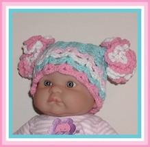 Aqua Newborn Hat Double Ruffled Pink And White Mums Baby Girl Flowers Small - £11.16 GBP