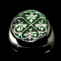 Sterling silver ring Fleur de Lis French Lily Flowers medieval symbol on Green e - £98.55 GBP