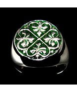 Sterling silver ring Fleur de Lis French Lily Flowers medieval symbol on Green e - £98.01 GBP