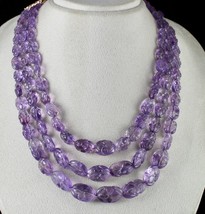 Amethyst Beads Carved Oval 3 Line 754 Carats Natural Gemstone Antique Necklace - £636.10 GBP