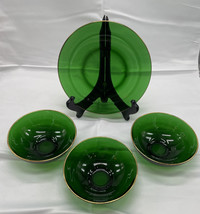 Vintage Lot Of  Emerald Green Glass 5.5” Bowls (3) , 8” Plate (1) W/ Gold Trim - £14.15 GBP