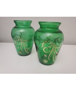 Set of TwoVintage Green Glass Small Vases with Gold Leaf &amp; Swirl Design,... - £11.76 GBP