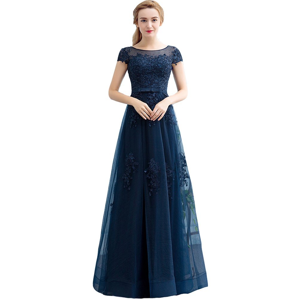 Kivary Long Simple Beaded Lace Appliques Corset Prom Evening Dresses Dark Navy C
