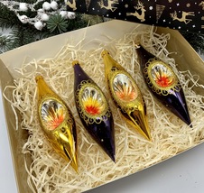Purple and Gold Christmas set of 4 reflector ornaments with gifted box - £40.29 GBP