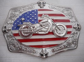 American Motorcycle Skulls Belt Buckle Silver Multi-Color Enamel 4 5/8&quot; x 3 1/4&quot; - £11.81 GBP