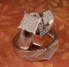 Sterling Silver White Tone 2Ct Sim Diamond Mens-Womens Trio Engagement Ring Set - £96.14 GBP