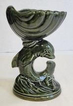 Antique Dolphin Planter Vase Ceramic Green Glaze Fish Shell - $30.81