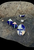M Villanueva Navajo Sterling Lapis Opal Mosaic Inlay Necklace Earrings Ring Set - £273.78 GBP