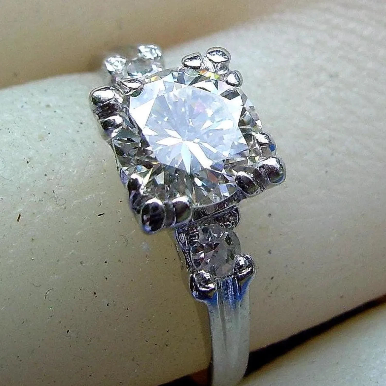 Earth mined Diamond Deco Engagement Ring 14k White Gold Vintage Estate Solitaire Item image 3
