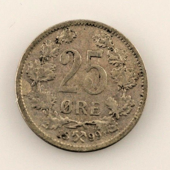 1899 Norvège 25 Ore Pièce de Monnaie (VF) Très Fin État - $46.27