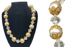 Faux Pearl Necklace Chunky Costume Gold Crystal Tone Italian Art Glass S... - €34,14 EUR