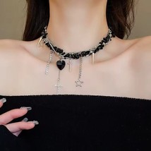 Goth Emo Punk Heart Cross Charms Black Stone Choker Necklace - $373.45 MXN