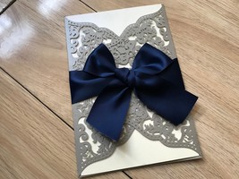 50pcs Pear Silver Laser Cut Wedding Cards with ribbon,Wedding Invitation,Laser C - £48.22 GBP