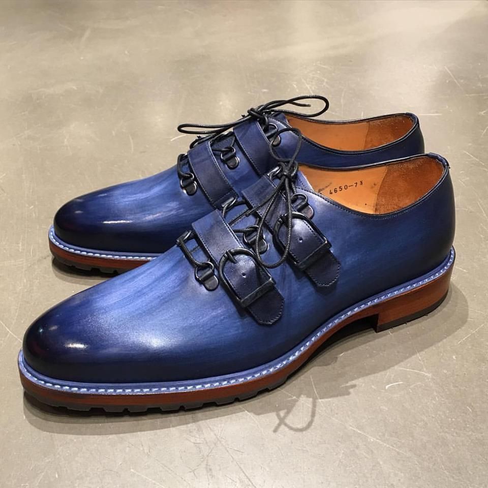 Monks Shoes Blue Double Buckle Strap Burnished Derby Toe Premium Quality Leather