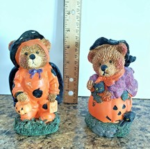 2 Poly Stone Halloween Bear Figurines Pumpkins Black Cats - $12.86