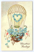 Postcard Christmas Greetings Floating Flower Basket Hearts &amp; Anchor - $3.75