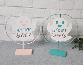 Halloween Ghost Spinning Tabletop Sign Pink Green Boo Spooky Wooden 2 Pc... - $16.99