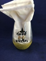 Drink Up Witches Stemless Wine Glass With Gold Glitter - £4.69 GBP