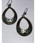 NATIVE AMERICAN TURQUOISE RED CORAL SILVER DANGLE EARRINGS “W” Or “M” - $48.46