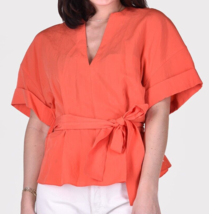nwt $295 VINCE Women&#39;s Cuffed Short Sleeve V-Neck Blouse L orange peplum... - $75.23