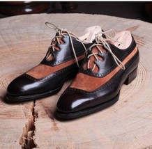 Vintage Black Brown Two Tone Genuine Leather Lace Up Oxford Handmade Men... - $135.99