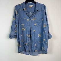 Style &amp; Co Womens L Sun Blossom Denim Floral Button Up Collared Top NWT BP76 - £23.29 GBP
