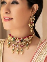 Bollywood Gold Plated Indian Pachi Kundan Jewelry Jhumka Necklace Bridal Set - £186.81 GBP