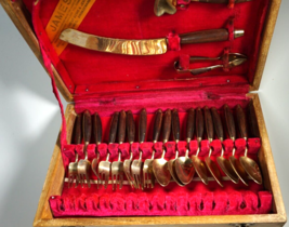 Vintage JAMES Thai Brass &amp; Rosewood Dessert Flatware Set Solid Wood Storage Box - £44.60 GBP