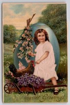 Easter Greetings Girl In Pink Silk Dress With Large Blue Egg Postcard F31 - £7.42 GBP