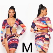 Sexy Multi Color Front Tie Crop Top &amp; Side Tie Mini Skirt Two PC Set~Size M - £35.12 GBP