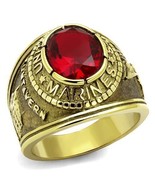 Mens IP Gold Stainless Steel Stimulated Ruby Red Cubic Zirconia USA Mari... - £20.40 GBP