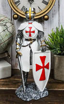 White Cloak Medieval Crusader Swordsman With Shield Of Faith Knight Figurine - £35.16 GBP